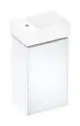 Weißer Waschtischunterschrank von Hansgrohe mit einem eingelassenen Waschbecken. Der Schrank hat eine glatte Oberfläche und eine Tür, die links anschlägt.